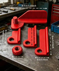 Top Shelf Heavy Duty Drill Guide Block For Dead On Target Straight Holes No Sweat Setup Adjustable Angle Base 0 To 90 Compatible Woodworking Metalworking Jig In Red on workbench.