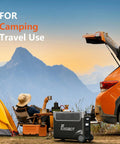 Person camping with 3600W Portable Power Station With 3840Wh LiFePO4 Battery beside orange SUV and yellow tent in mountains.