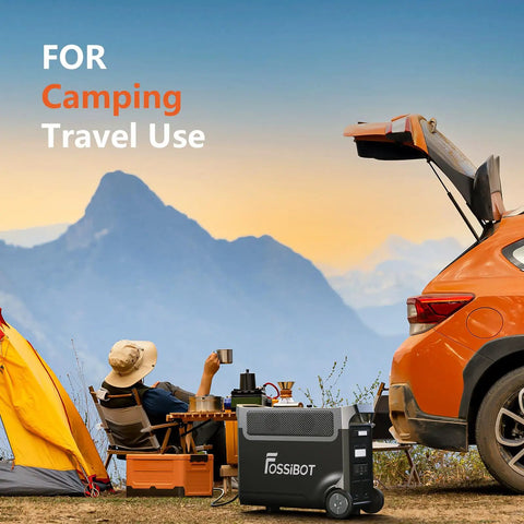 Person camping with 3600W Portable Power Station With 3840Wh LiFePO4 Battery beside orange SUV and yellow tent in mountains.