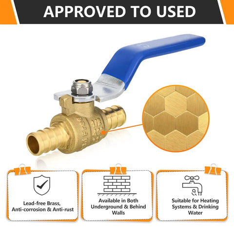 Three Quarter Inch Brass PEX Ball Valve With Quarter Turn Shutoff Lead Free NSF ANSI 61 And ASTM F1807 Certified Works With Copper Crimp Rings And Stainless Clamp Systems Durable Home Plumbing Valve, blue handle