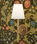 Fresh Retro Botanical Wallpaper With Dope Blue And Gold Metallic Finish Eco Friendly Top Shelf Type I Wallcovering with wall sconce.