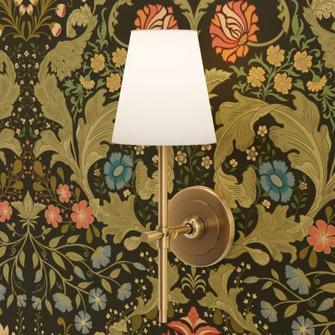 Fresh Retro Botanical Wallpaper With Dope Blue And Gold Metallic Finish Eco Friendly Top Shelf Type I Wallcovering with wall sconce.