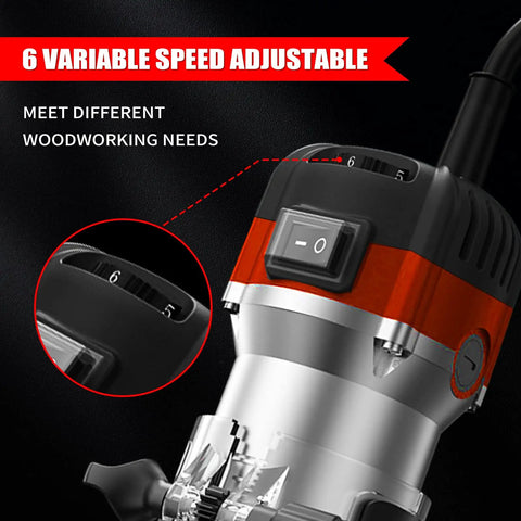 Close-up of Powerful Wood Router Tool For Home Shop Pros 1.25HP Handheld Corded Palm Router showing 6 variable speed settings.