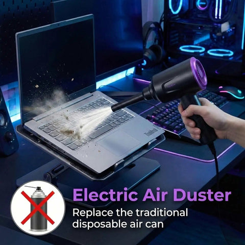 Electric Air Duster And Blower For Keyboard, PC And Electronics cleaning a laptop keyboard on a desk.
