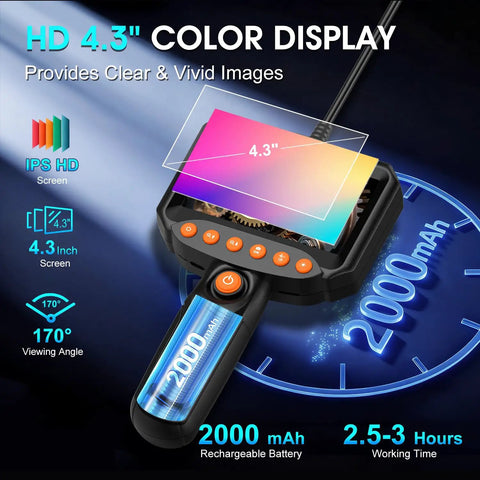 Dual Lens Endoscope Camera With Light Pro Grade HD 1920P Borescope For Pipes And Car Repairs, 4.3 Inch LCD, IP67 Waterproof, 16.4 Ft Semi-Rigid Cable, 8 LED Lights, 32GB Card Included, handheld view
