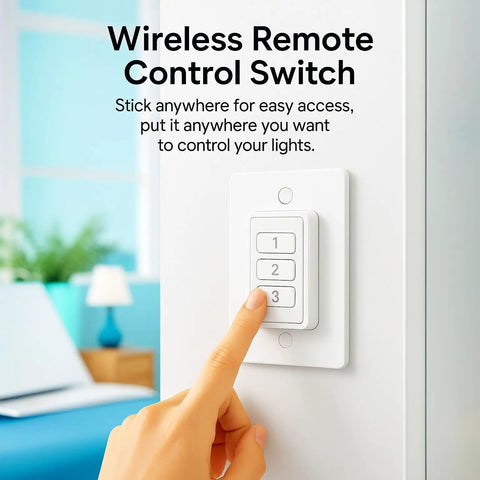 Wireless Wall Switch Remote Outlet Three Pack With 656 Ft Range No Wiring Needed Control Three Plugs From One Remote For Lights And Small Appliances Magnetic Mount Compatible Portable Remote; a person pressing button on white wall switch.