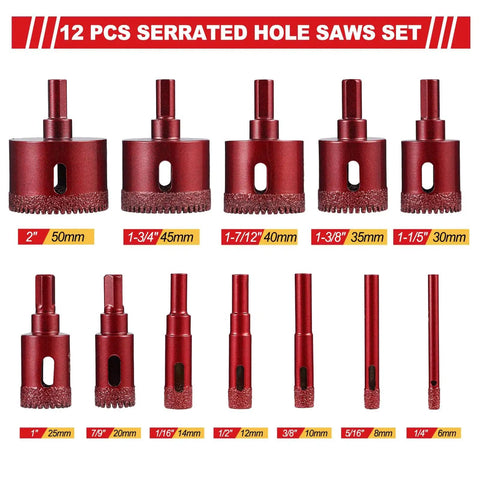 12 Piece Pro Grade Diamond Hole Saw Kit With 6 8 10 12 14 20 25 30 35 40 45 50 mm Serrated Brazing Tile Core Drill Bits Set