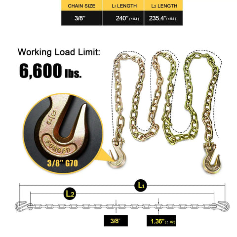 Heavy Duty 3/8 To 1/2 Inch Chain Binder Set With 20 Foot 3/8 G70 Transport Chain, Ratchet Load Binder, Grappling Hook Ends
