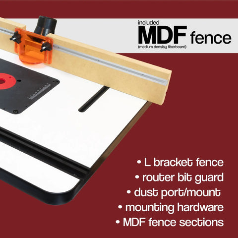 Dead Legit Mdf Router Table Featuring Hella Tough Fence Rock Solid Plate And Five Precision Inserts For Vibration Free Woodworking Sessions You Gonna Love With Heavy Duty Laminate Top And No Sweat Build Quality, showing included MDF fence components.