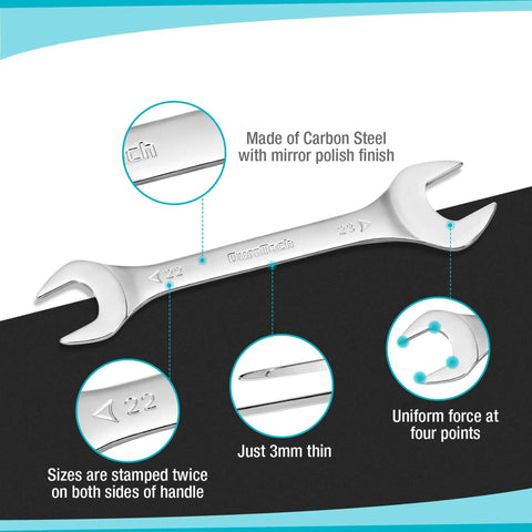 Super Thin Open End Wrench Set Metric with Rolling Pouch showing 3mm thin chrome plated carbon steel wrench details