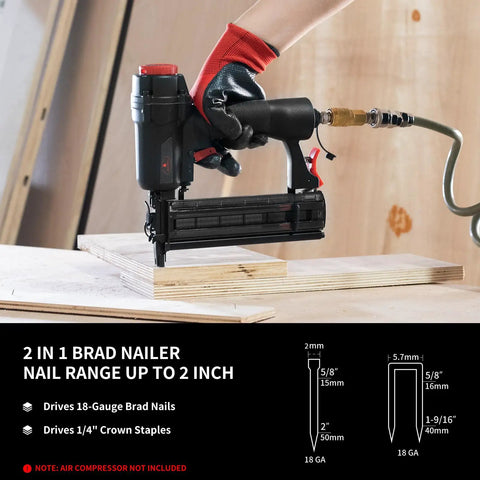 Pro Grade 18 Gauge Pneumatic Brad Nailer And Air Powered 2 In 1 Staple Gun Kit for 18G brad nails and crown staples.