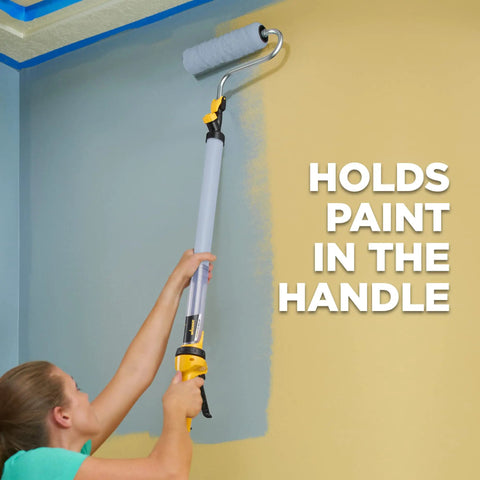 Person using EZ Roller With Long Reach Handle Holds 22 Oz In The Handle Inner Fed Paint Roller to paint a high wall corner