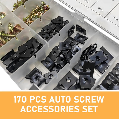 170 Piece Car U Clips And Screw Kit With 9 Sizes Universal Auto Fasteners For Dash Door Panels And Interior Replacement On Your Ride Multicolor Assortment Heavy Duty Spring Steel U Clips And Zinc Screws Waterproof And Corrosion Resistant in an organized container.