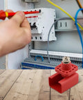 Tough As Nails 200 Amp Lithium Terminal Connector With Threaded Wiring And High Voltage Power Adapter For EV Battery Packs Red on wooden table.