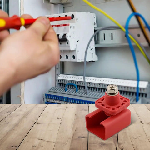 Tough As Nails 200 Amp Lithium Terminal Connector With Threaded Wiring And High Voltage Power Adapter For EV Battery Packs Red on wooden table.