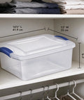 Heavy Duty 15 Quart Latching Storage Bin With Secure Lock Tight Lid And Crystal Clear Window For Real Deal Durability And Snug Fit All Purpose Organizing Setup on a shelf, measuring 16½" L x 13" W x 6⅞" H.