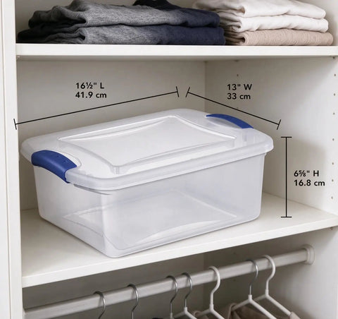 Heavy Duty 15 Quart Latching Storage Bin With Secure Lock Tight Lid And Crystal Clear Window For Real Deal Durability And Snug Fit All Purpose Organizing Setup on a shelf, measuring 16½" L x 13" W x 6⅞" H.