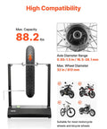Motorcycle Wheel Balancer And Truing Stand With Adjustable Centering Cones And Truing Pointer For Sport And Dirt Bikes Fits Hollow Axle Wheels Reduces High Speed Vibration For A Smoother Ride showing max capacity and axle diameter range with wheel on stand.