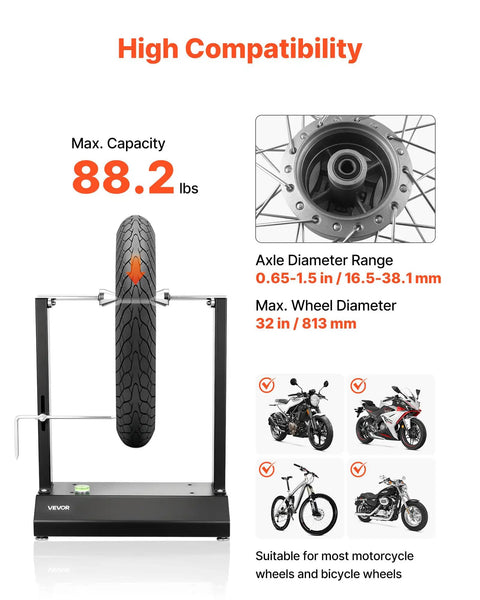 Motorcycle Wheel Balancer And Truing Stand With Adjustable Centering Cones And Truing Pointer For Sport And Dirt Bikes Fits Hollow Axle Wheels Reduces High Speed Vibration For A Smoother Ride showing max capacity and axle diameter range with wheel on stand.