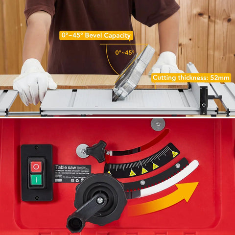 10 Inch 15 Amp Tough Job Site Table Saw With Rock Solid Stand And Push Stick For Effortless Cuts And Tight 90 Degree Cross Angles Along With Smooth 0 To 45 Degree Bevel Shift Adjustable Blade Height showing 0-45 degree bevel capacity.