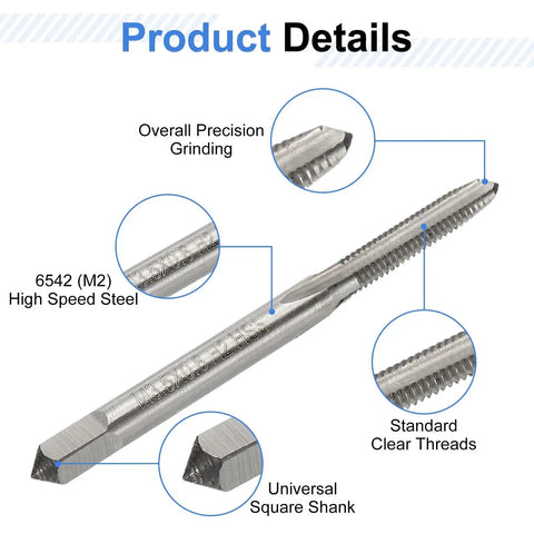 Top Shelf 3 Piece Hand Tap Set Featuring M3.5 X 0.6 Metric Thread Sizes With Taper Plug And Bottom Configurations crafted from premium 9CrSi alloy tool steel, showing details of taps.