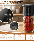 Mason Jar Vacuum Sealer Kit, 20s Fast Seal, Cordless Electric Sealer sealing jar of strawberries, built-in LED display in kitchen
