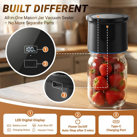 Mason Jar Vacuum Sealer Kit, 20s Fast Seal, Cordless Electric Sealer sealing jar of strawberries, built-in LED display in kitchen