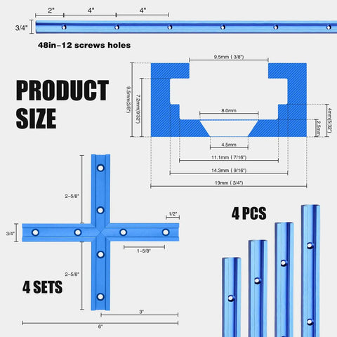 Diagram of 4 Pack 48 Inch T Track Kit For Woodworking With Intersection Kit And Predrilled Mounting Holes Includes Screws Aluminum Universal T Rail Accessory Blue