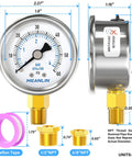 Stainless Steel Dry Pressure Gauge 0 To 60 Psi, 2 Inch Dial, Lower Mount, 1/4 Inch NPT, Waterproof For Pool Filter Pump Oil Air Compressor Tire Pressure Tester, Includes 1/2 Inch NPT And 3/8 Inch NPT Hex Bush image with dimensions
