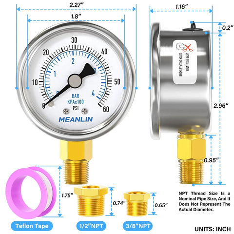 Stainless Steel Dry Pressure Gauge 0 To 60 Psi, 2 Inch Dial, Lower Mount, 1/4 Inch NPT, Waterproof For Pool Filter Pump Oil Air Compressor Tire Pressure Tester, Includes 1/2 Inch NPT And 3/8 Inch NPT Hex Bush image with dimensions