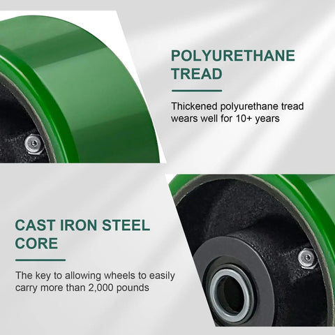 Beefy 4 Inch Polyurethane On Cast Iron Wheel Caster Set With Half Inch Bore Roller Bearings Heavy Duty 3200 Lb Capacity 4 Pack