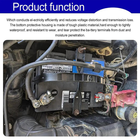Two Pack Battery Terminal Connectors With Plastic Covers For Nissan, Positive And Negative Auto Battery Cable Terminal Clamps, Replacement 243407F000 243407F001, Easy Plug And Play Install shown installed on vehicle battery