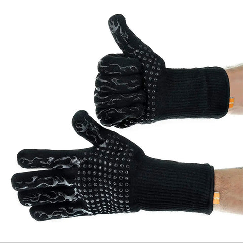 Heavy Duty BBQ Cooking Gloves For Outdoor Grilling And Camping, Heat Resistant, Black gloves with silicone grip and soft lining.