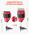 Height Adjustable Tree Climbing Spikes Set With Straps And Protectors, illustration of adjustable height range, red and black design