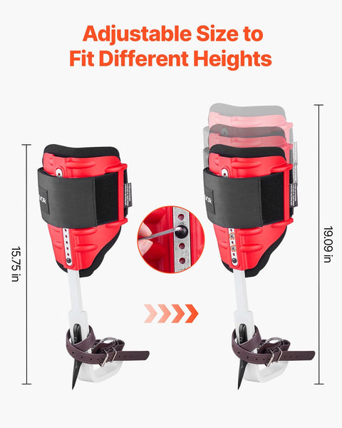Height Adjustable Tree Climbing Spikes Set With Straps And Protectors, illustration of adjustable height range, red and black design