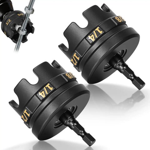 Two Pack Nut Zipper Drill Attachment For Quick Nut Removal shown with threaded rod, heavy-duty steel, sizes from 1/4 to 1/2 inch.