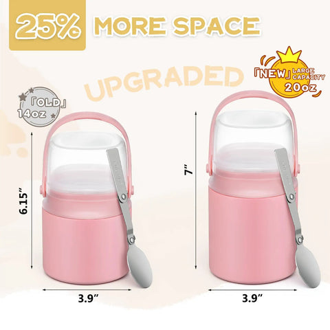 20oz Leak Proof Insulated Lunch Bowl With Wide Mouth Stainless Steel Thermos Jar Keeps Soups And Meals Hella Warm All Day Long Smooth Grab And Go Meal Prep Container For Kids And Adults Pink with detachable spoon and lid.