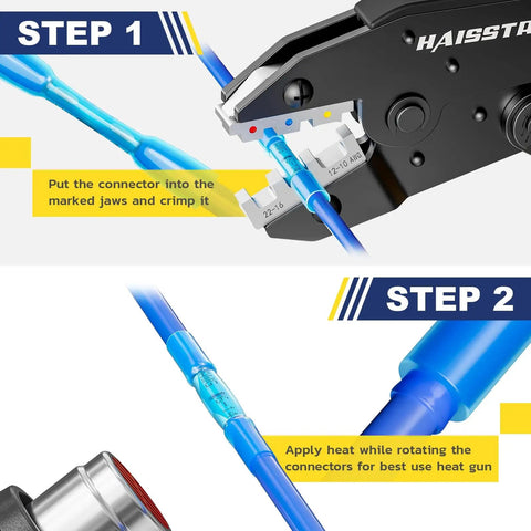 660Pcs Marine Grade Heat Shrink Butt Connectors Kit With Waterproof Tinned Red Copper Splice Connectors in use with crimping tool
