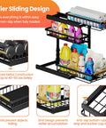 Under Sink Organizer Set, 2 Pack 3 Tier Pull Out Shelf Organizers with cleaning supplies and grid design in black metal frame