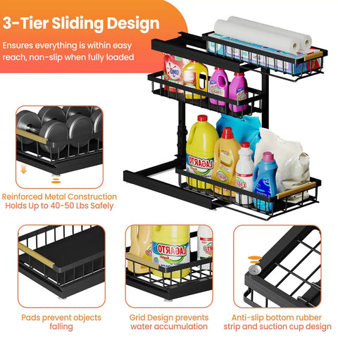 Under Sink Organizer Set, 2 Pack 3 Tier Pull Out Shelf Organizers with cleaning supplies and grid design in black metal frame