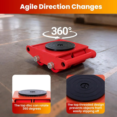 8T Machinery Skate Dolly 4 Wheel Heavy Duty Equipment Mover Rollers 17700 Lbs Load Capacity showing 360-degree swivel top design.