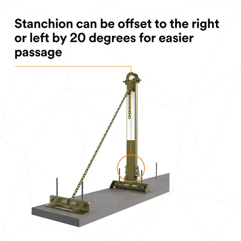 Rugged Steel Horizontal Lifeline System With Plug And Play Stanchion Base showing 20-degree offset capability for easier passage.
