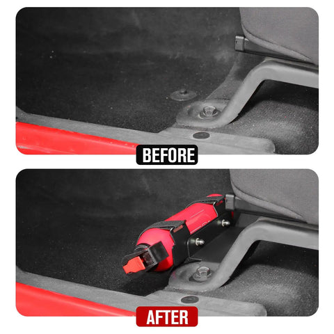Before and after installation of Under Front Seat Fire Extinguisher Bracket For Jeep Wrangler JK 2007 2017 Left Side Mount.