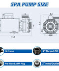 Heavy Duty 4HP Single Speed Spa Pump 220 240V Hot Tub Motor 214 GPM dimensions and specifications diagram with 56 frame.