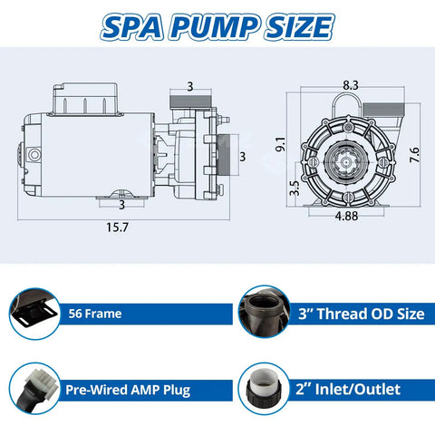 Heavy Duty 4HP Single Speed Spa Pump 220 240V Hot Tub Motor 214 GPM dimensions and specifications diagram with 56 frame.