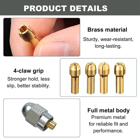 Close-up of brass collet and metal body from Rotary Tool Chuck Adapter for Dremel 4485, Keyless Chuck Set With Brass Collets