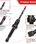 Pro Grade 15 Piece Countersink Drill Bit Set For Woodworking With Nitrided HSS Bits And One Quarter Inch Hex Shank Quick Change Wood Plug Cutters Depth Stop Rings For Woodworking Pros And DIYers Storage Box close-up with tapered cutter head, HSS material, adjustable depth, and hex shank.