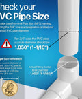 Check PVC pipe size guide with 3/4 Inch 4-Way PVC Tee Fitting, Furniture Grade, White, Made In USA, UV Resistant, Impact Proof, 1.050 Inch Socket Diameter.