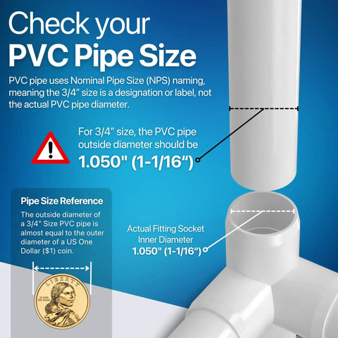 Check PVC pipe size guide with 3/4 Inch 4-Way PVC Tee Fitting, Furniture Grade, White, Made In USA, UV Resistant, Impact Proof, 1.050 Inch Socket Diameter.