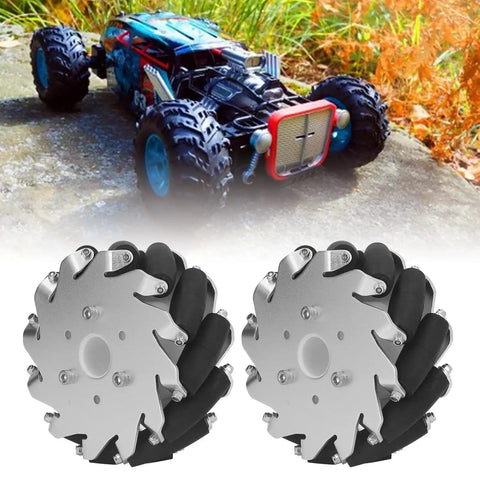 127mm Omni Directional Wheel Set For DIY Robot Car With 45KG Load Capacity, 12 Rubber Rollers And Bearings, shown in front of RC car